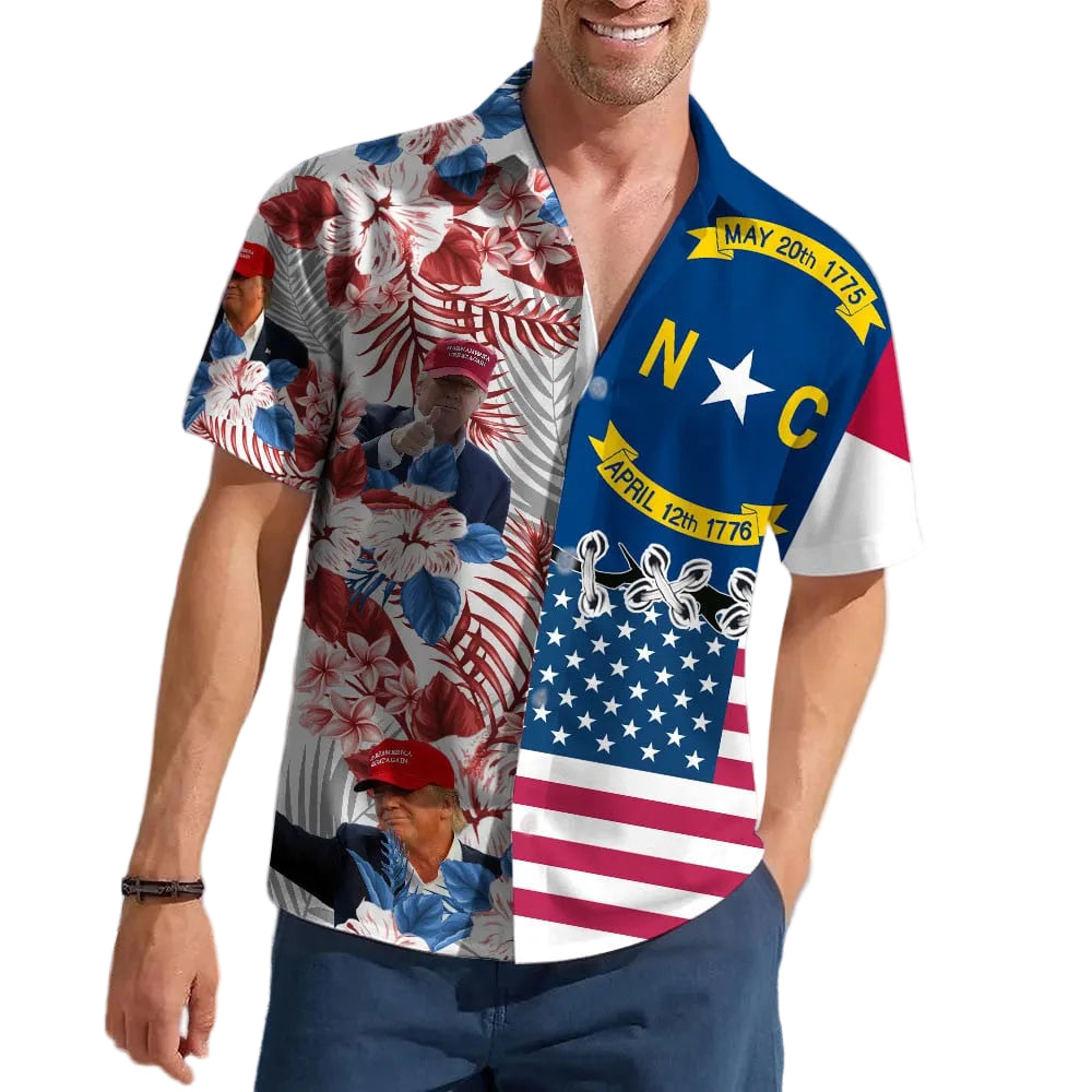 North Carolina For Trump 2024 Hawaiian Shirt Vote Trump For President Mens Summer Button Ups