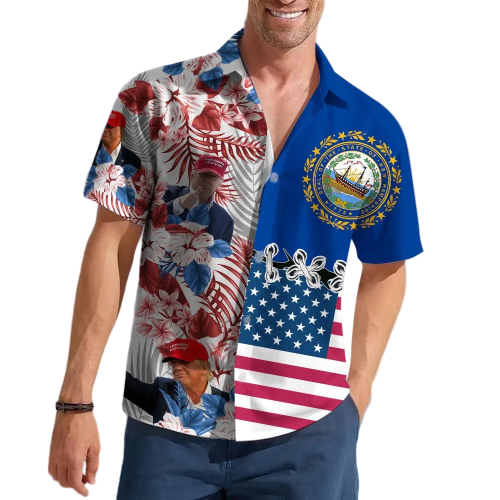 New Hampshire For Trump 2024 Hawaiian Shirt Trump For President Summer Button Ups MAGA Merch