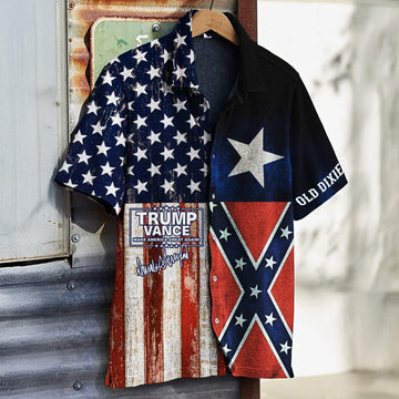 Trump Vance Hawaiian Shirt Texas And American Flag Old Dixie Shirt Vintage Southern Pride Merch
