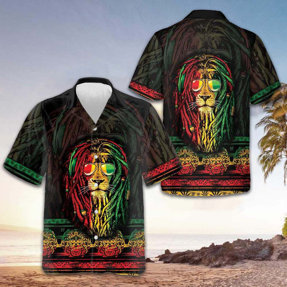 Rasta Lion With Cannabis Marijuana Lion Hawaiian Shirt Mens Tropical Button Down Gift Ideas
