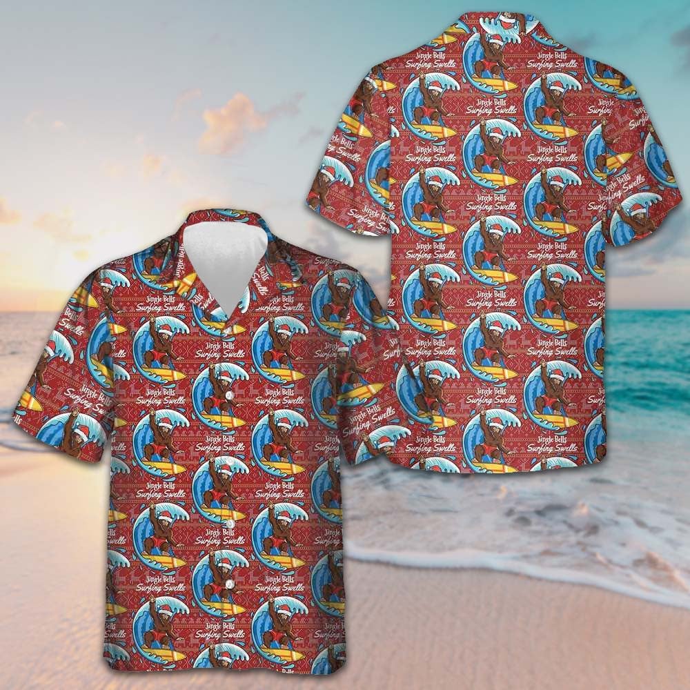 Bigfoot Surfing Christmas Hawaiian Shirt Funny Xmas Bigfoot Shirt Gifts For Husband