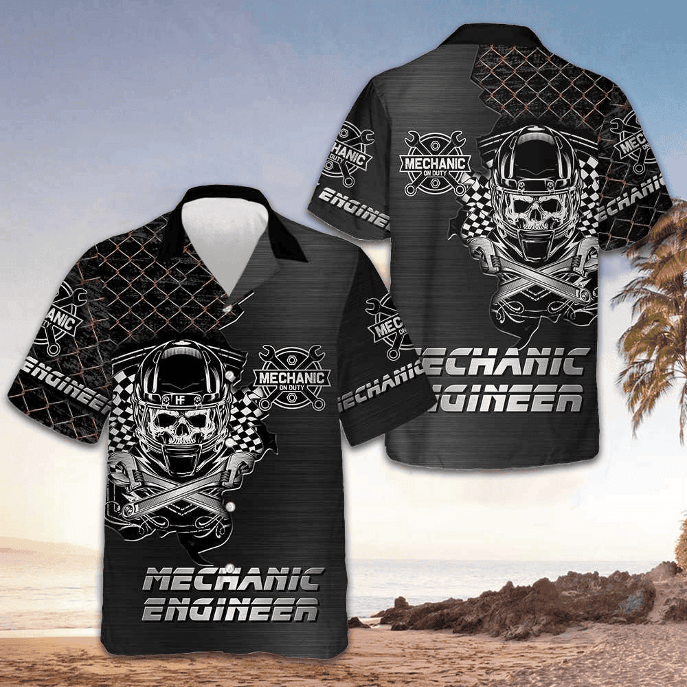 Mechanic Engineer Skull Hawaiian Shirt Mens Short Sleeve Button Up Best Gifts For Mechanics