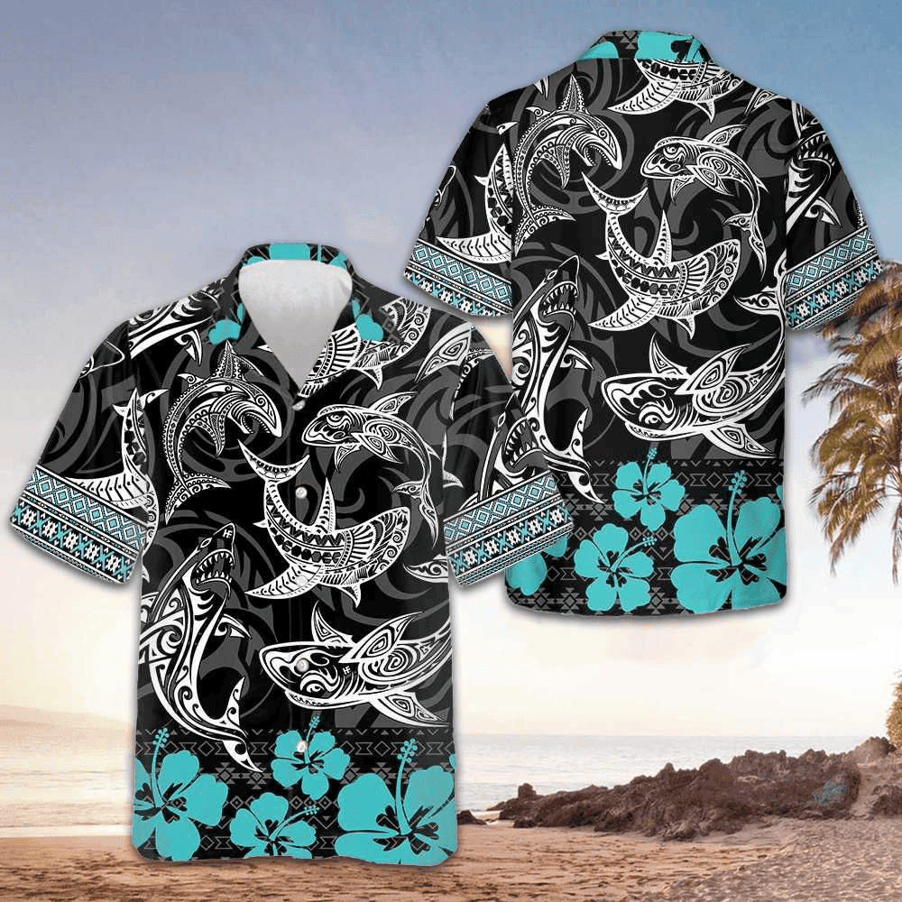 Polynesian Shark Hawaiian Shirt Mens Tropical Button Up Shirt Gifts For Boyfriend