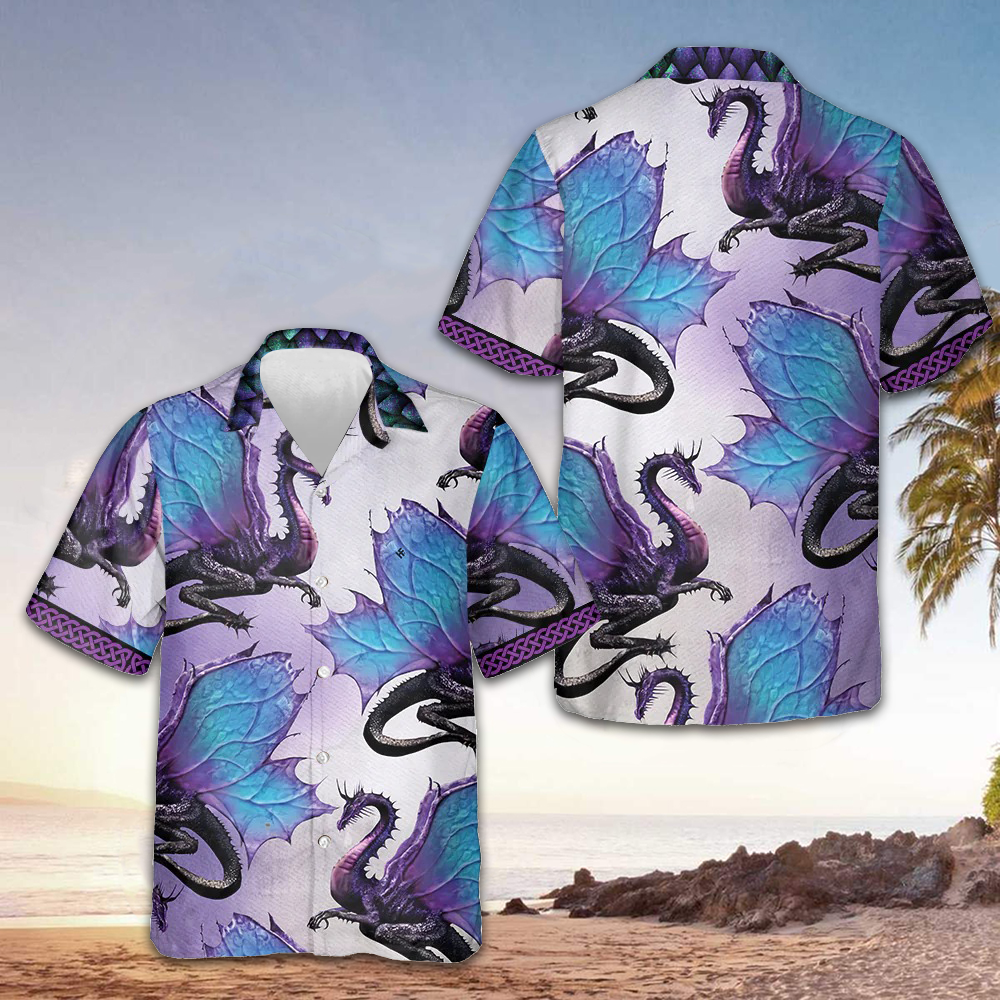 Purple Ombre Dragon Hawaiian Shirt Mens Button Up Shirts Summer Gifts For Dragon Lovers