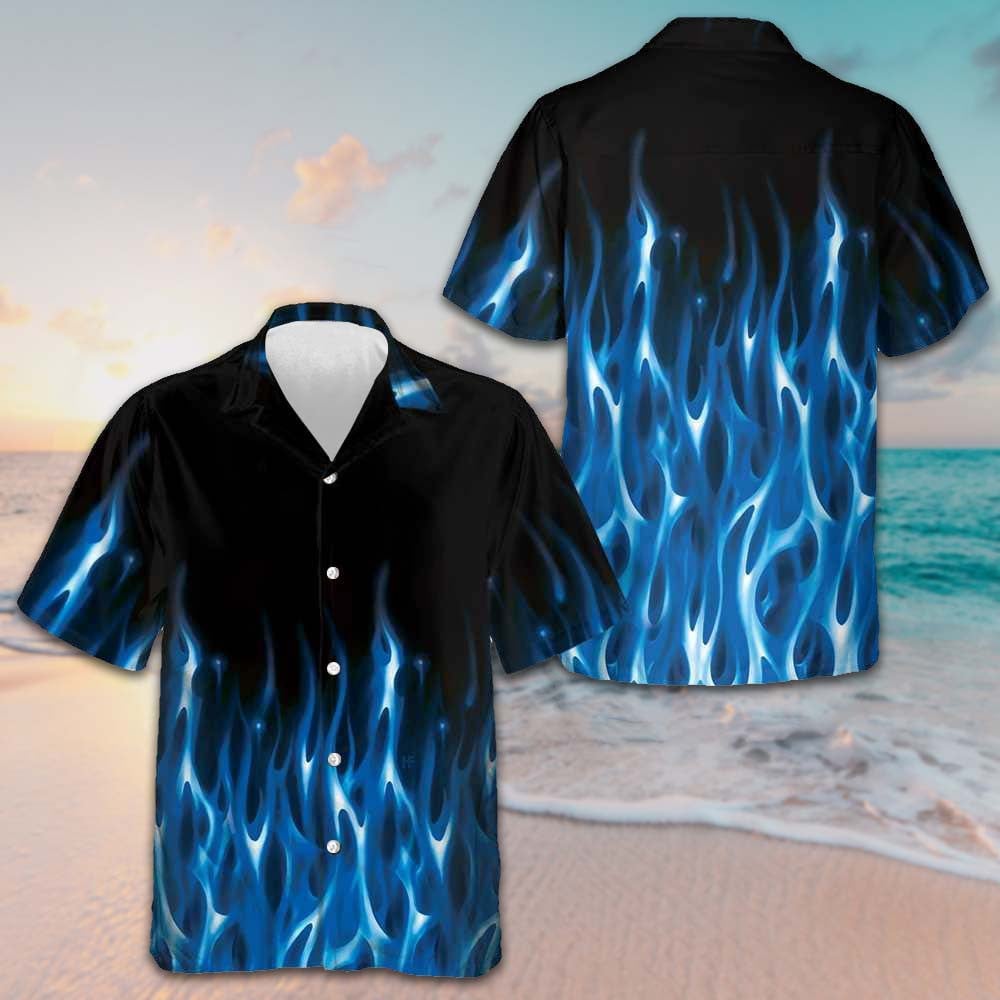 Blue Flame Hawaiian Shirt Short Sleeve Button Down Gifts For Boyfriend