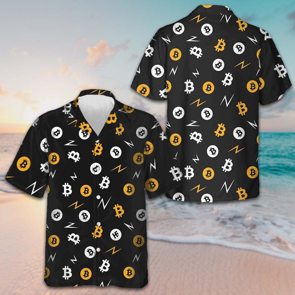 Bitcoin Seamless Pattern In Black Background Hawaiian Shirt Men's Button Down Short Sleeve