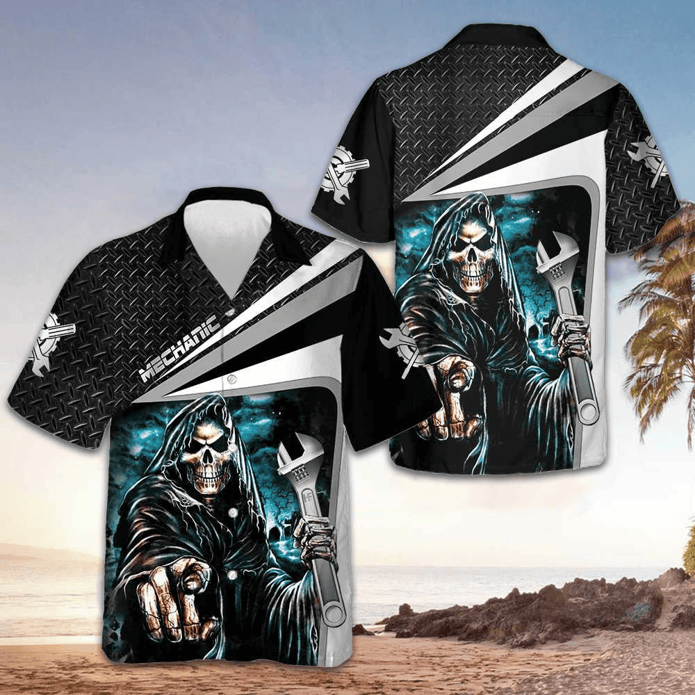 Mechanic Grim Reaper Hawaiian Shirt Cool Skull Mechanic Shirt For Men Best Gifts