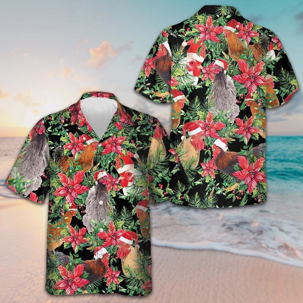 Chicken With Christmas Plants Hawaiian Shirt Beach Button Up Shirt Gifts For Chicken Lovers