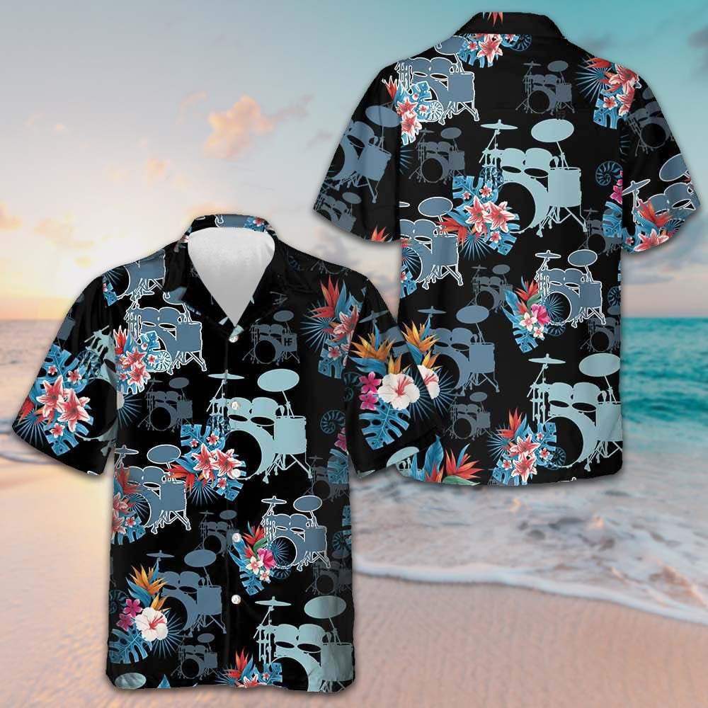 Blue Tropical Flower Drum Hawaiian Shirt Summer Button Up Shirt Best Gifts For Drummers