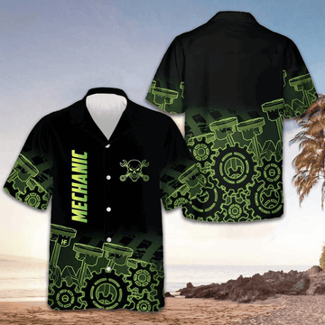 Green Steampunk Mechanic Hawaiian Shirt Vacation Button Up Shirt Gifts For Mechanic