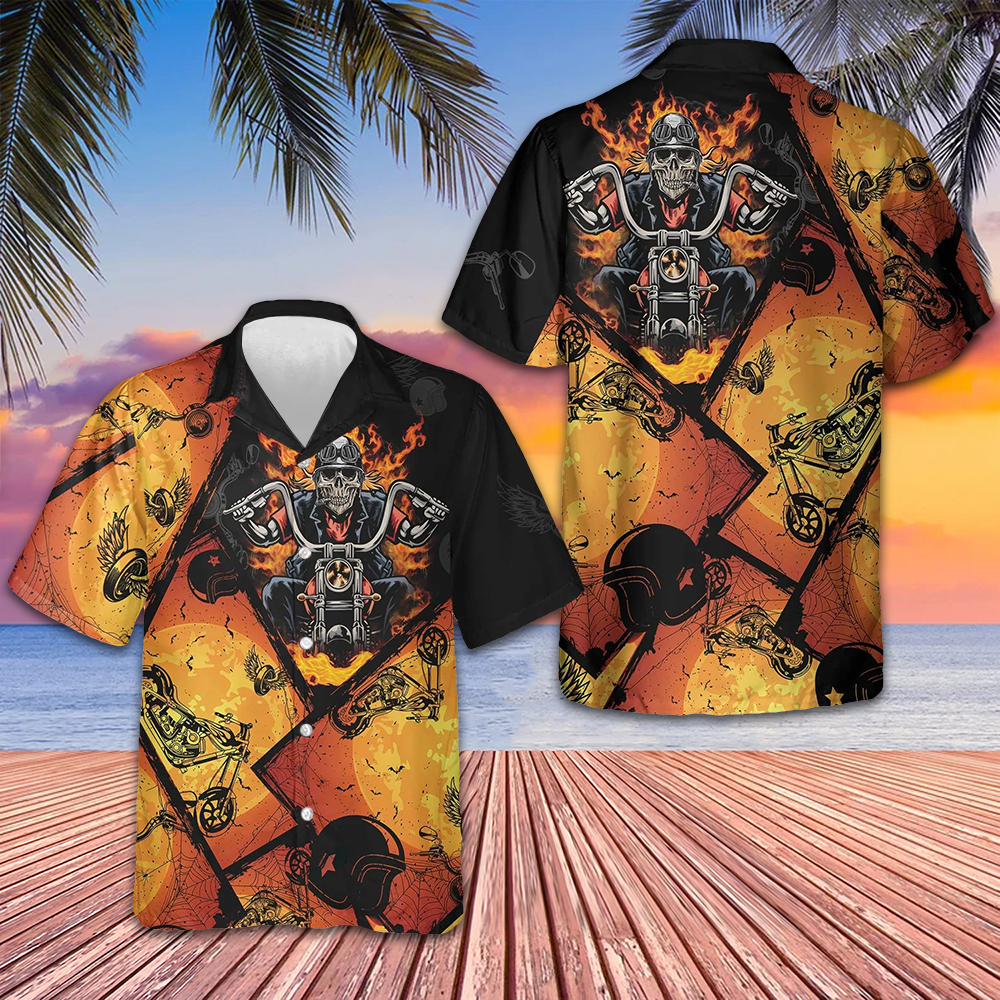 Skull Riding Motorcycle Hawaiian Shirt Flame Skull Motorcycle Shirt Gifts For Bikers
