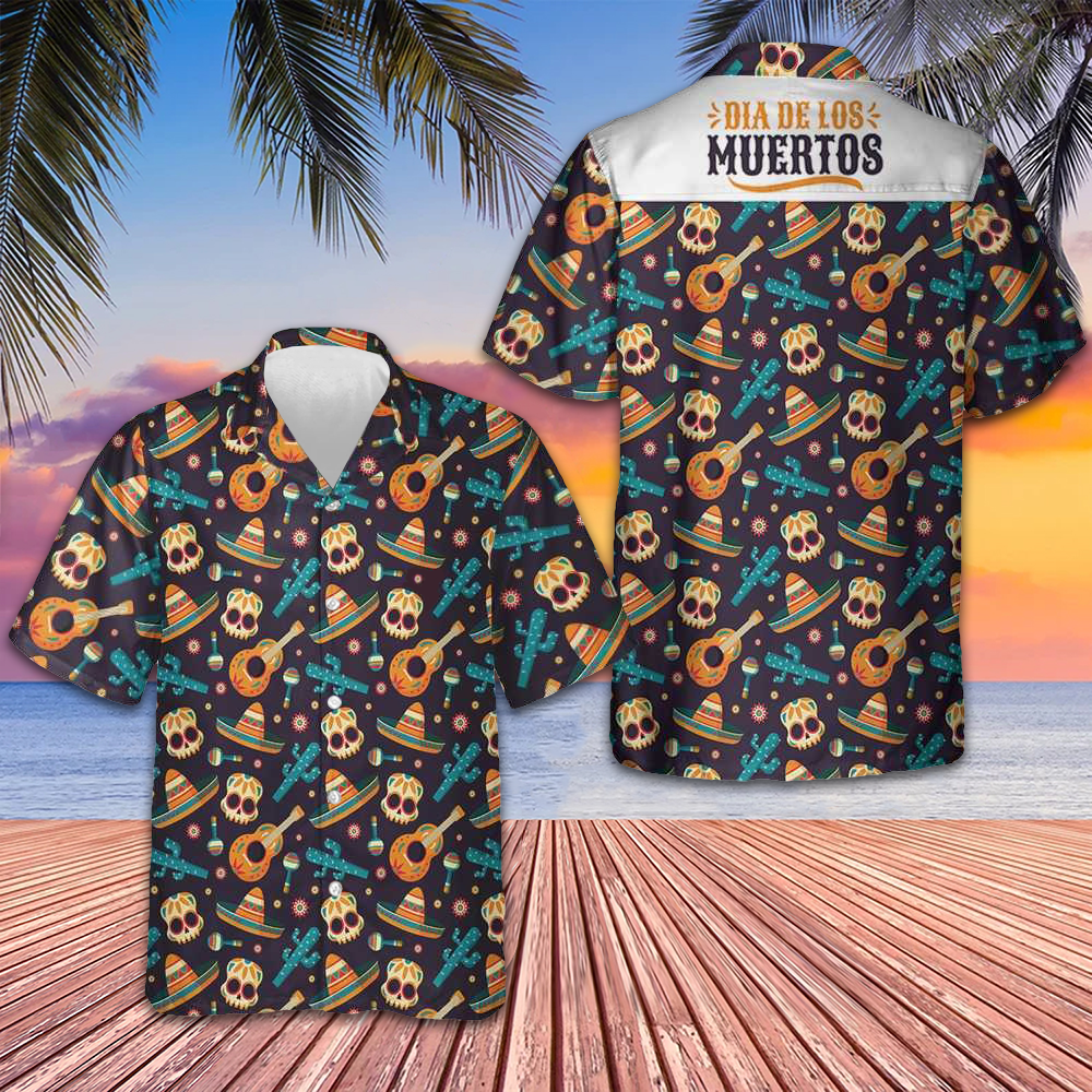 Day Of The Dead Guitar Sombrero Skull Hawaiian Shirt Day Of The Dead Shirt For Men's