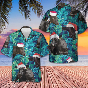 Black Cows Wear Santa Hat Hawaiian Shirt Tropical Leaves Pattern Christmas Shirt Gifts For Men