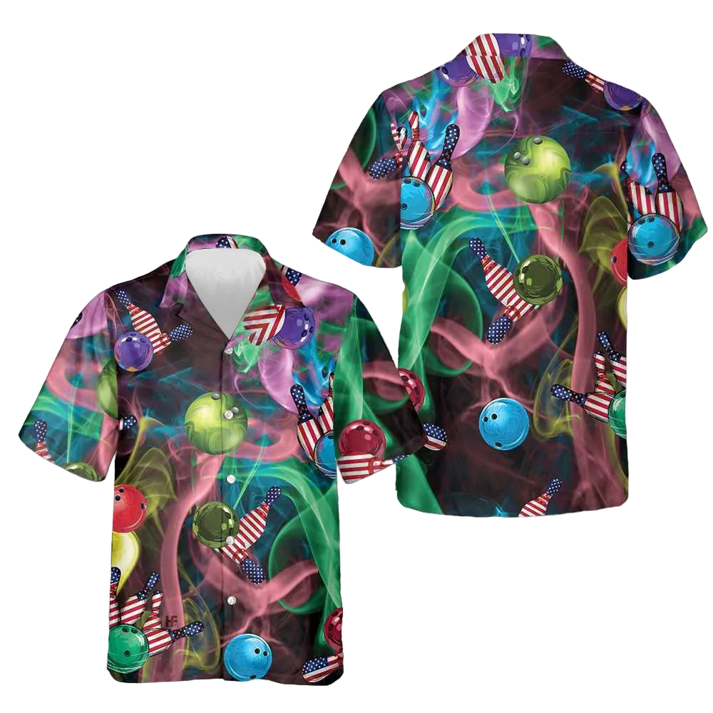 Rainbow Smoke And American Flag Bowling Hawaiian Shirt Best Bowling Shirt For Mens