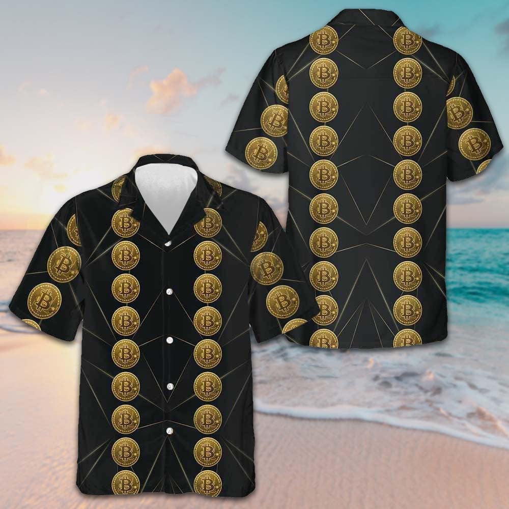 Golden Bitcoin Hawaiian Shirt Black Button Down Shirt Gift Ideas For Boyfriend