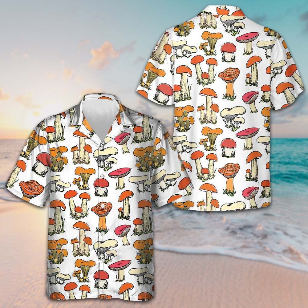 Hand Drawn Wild Mushrooms Hawaiian Shirt Summer Button Up Shirts Mens