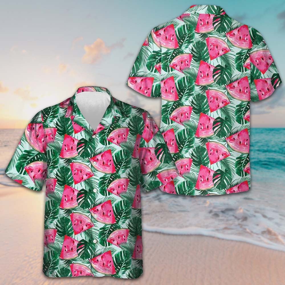 Tropical Palm Leaves Watermelon Hawaiian Shirt Beach Button Down Gifts For Watermelon Lovers