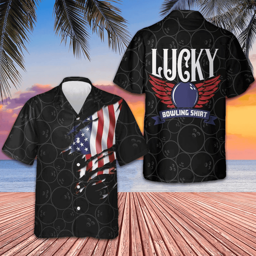 Black Bowling USA Flag Pattern Hawaiian Shirt Lucky Bowling Shirt Clothing Gifts For Bowlers