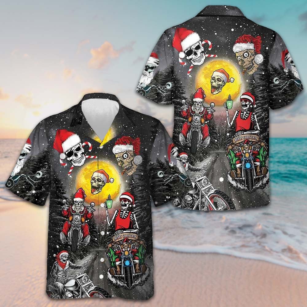 Santa Skeleton Merry Christmas Hawaiian Shirt Santa Riding Motorcycle Xmas Shirt Gifts For Men