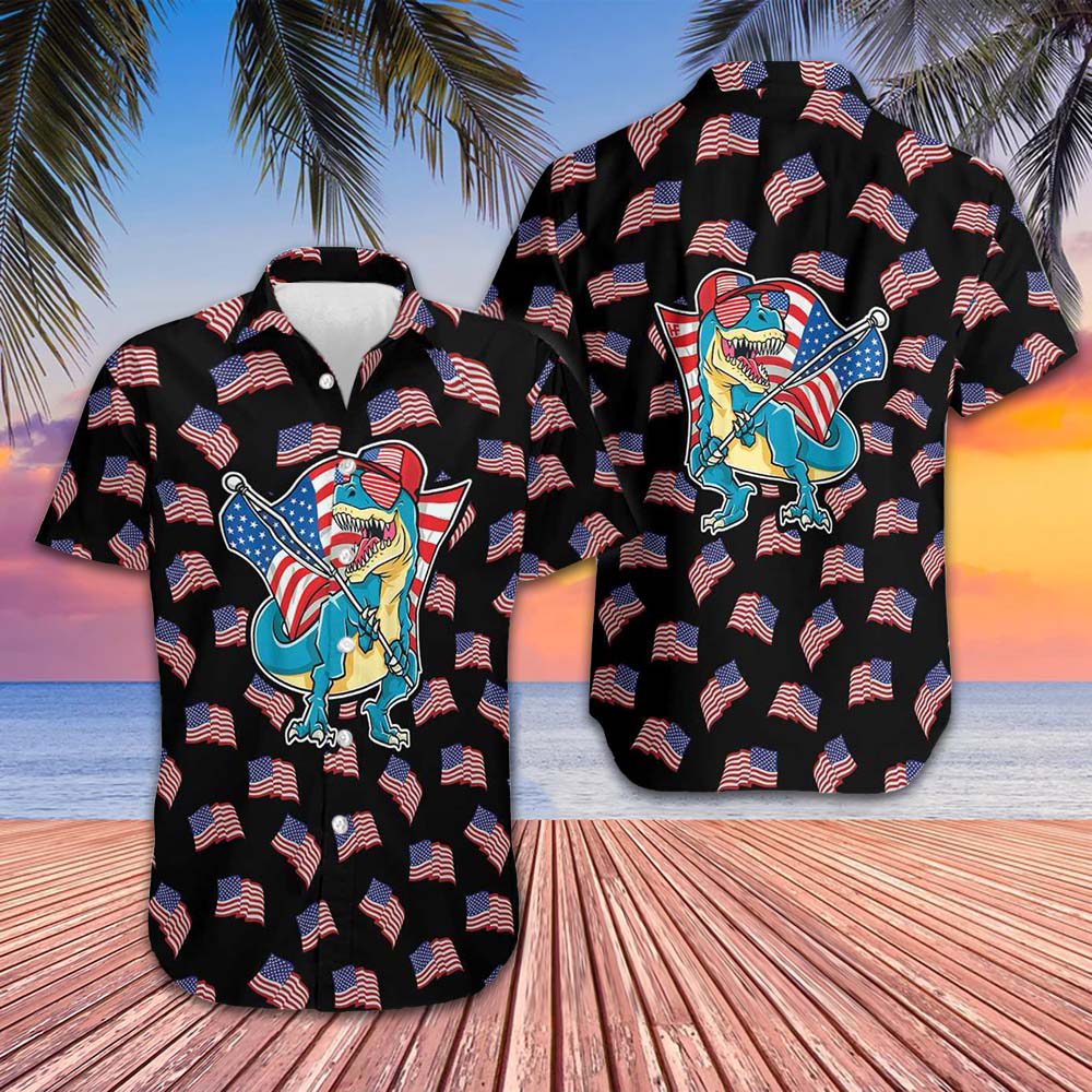American Flag T-Rex Hawaiian Shirt Funny Dinosaur Patriotic Shirt Gifts For Son