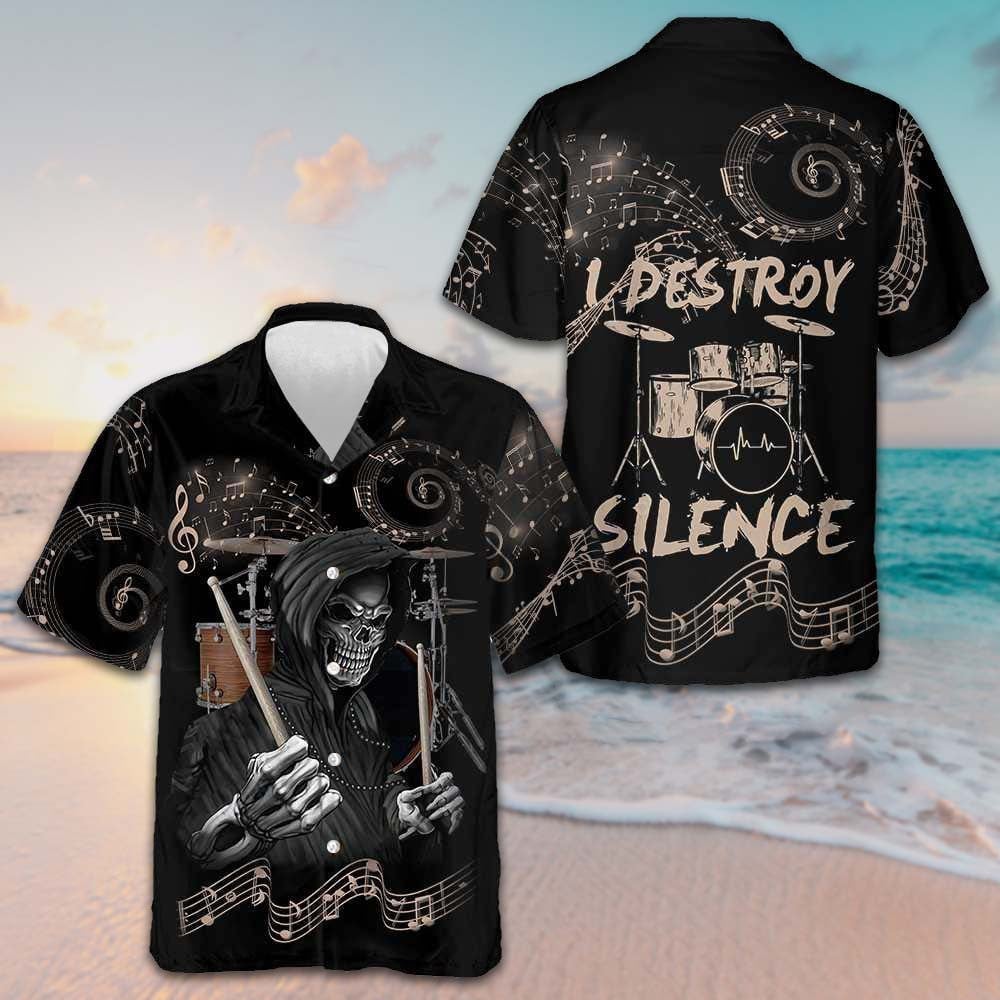 Drum I Destroy Silence Hawaiian Shirt Drum Playing Skull Shirt Best Gift For Drummers