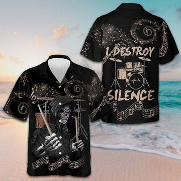 Drum I Destroy Silence Hawaiian Shirt Drum Playing Skull Shirt Best Gift For Drummers