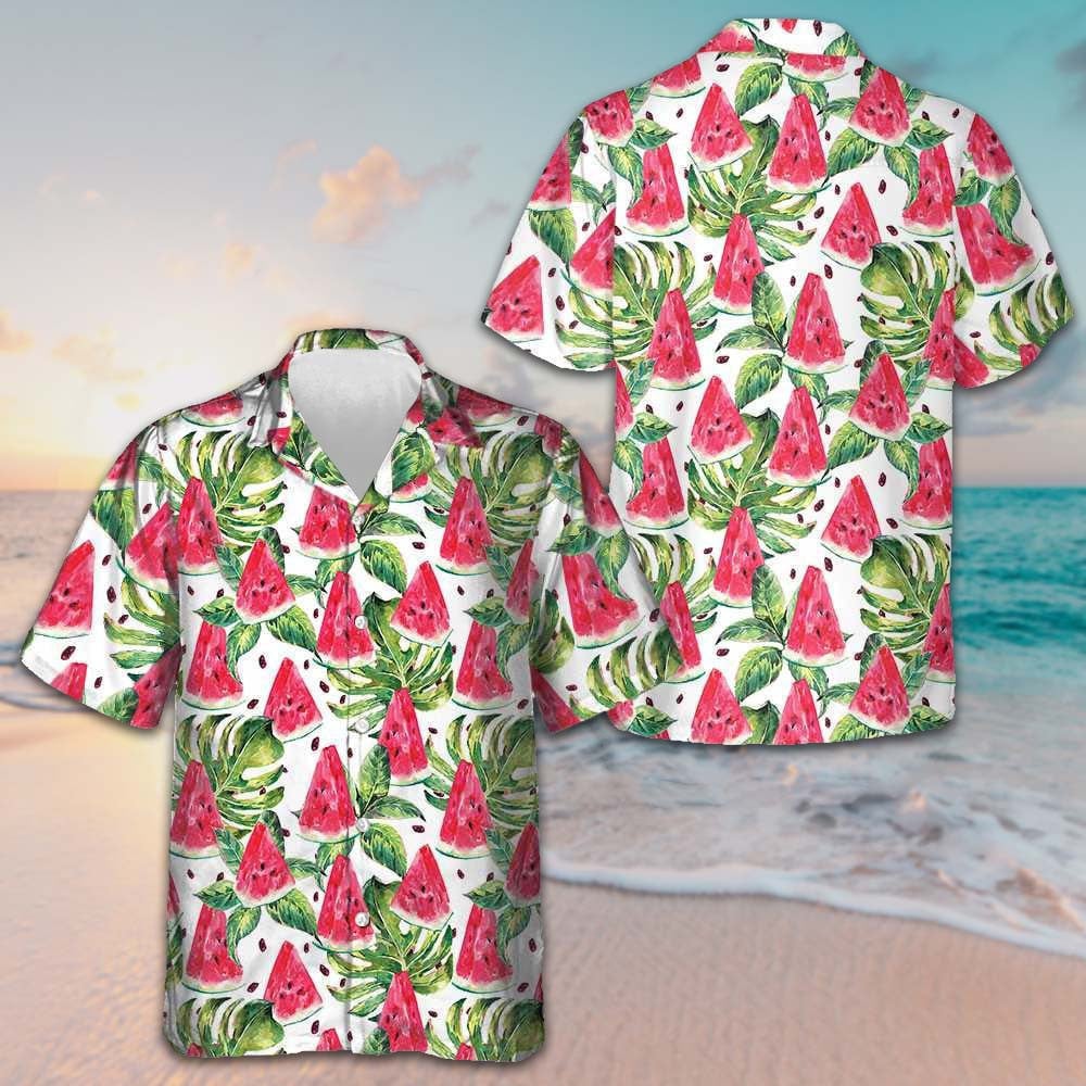 Watermelon And Tropical Leaves Hawaiian Shirt Beach Button Up Shirts Mens Present For Husband