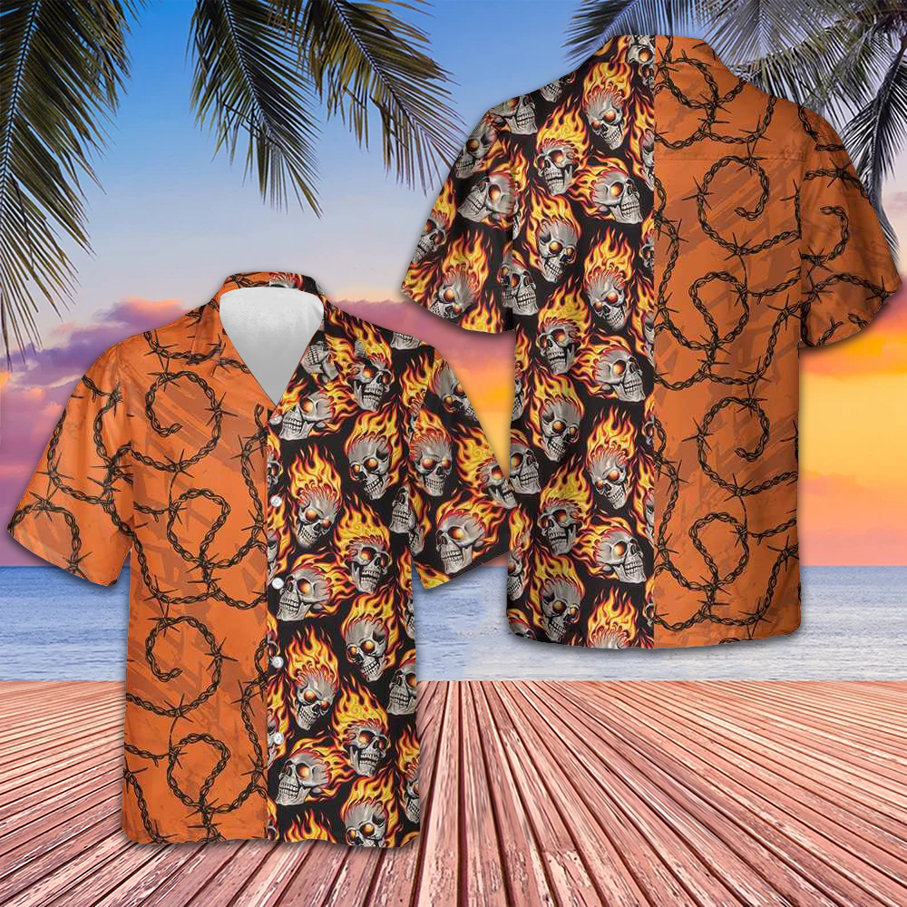 Barbwire Fire Skull Biker Motorcycle Hawaiian Shirt Short Sleeve Button Up Men Gift For Bikers