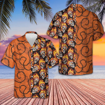 Barbwire Fire Skull Biker Motorcycle Hawaiian Shirt Short Sleeve Button Up Men Gift For Bikers