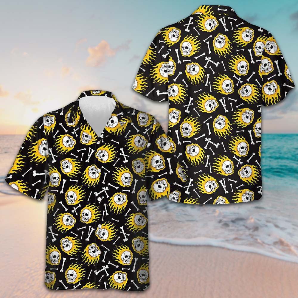 Flaming Skull Pattern Hawaiian Shirt Mens Beach Button Up Shirts Unique Gifts For Husband