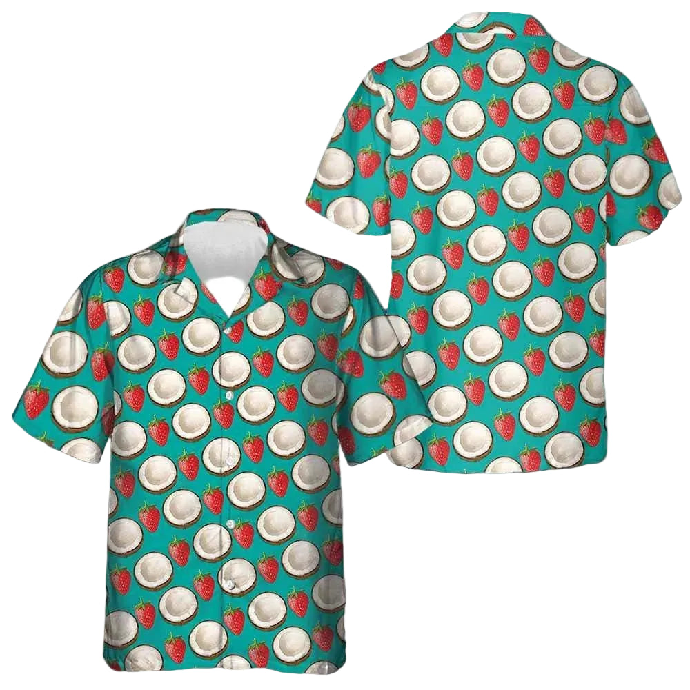 Strawberry And Coconut Pattern Hawaiian Shirt Button Up Beach Shirts Mens Gift Ideas
