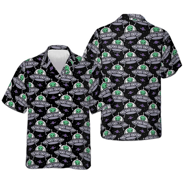 Retro Alien On Space Ship Hawaiian Shirt Men's Short Sleeve Button Down Beach Shirts Gift