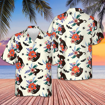 Black Bats And Cats Hawaiian Shirt Beach Button Up Shirts For Men Gifts For Boyfriend