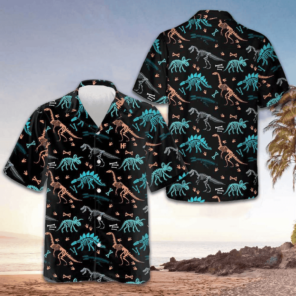 Dinosaur Skeleton Seamless Grunge Pattern Hawaiian Shirt Men's Gifts For Dinosaur Lovers