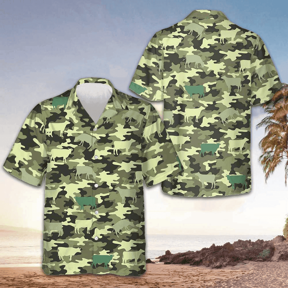 Camouflage Cow Hawaiian Shirt Men's Button Up Shirt Gifts For Cow Lovers