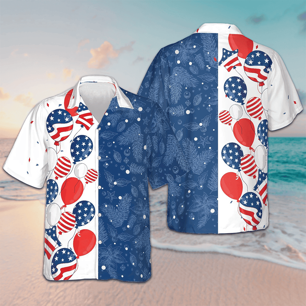 Christmas USA Balloons Pattern Hawaiian Shirt Men's Button Down Vacation Shirts Gifts For Xmas