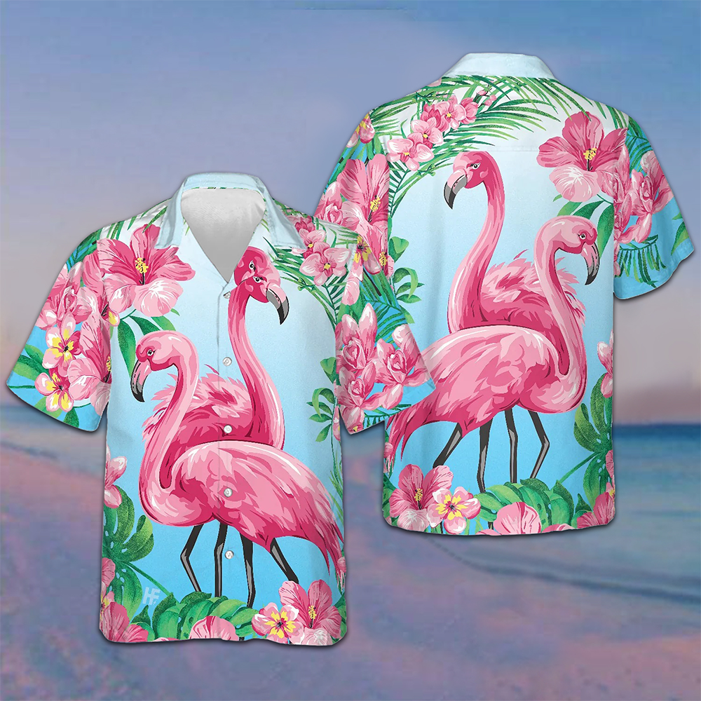 Tropical Floral Flamingo Hawaiian Shirt Mens Beach Button Up Shirts Gifta For Flamingo Lovers