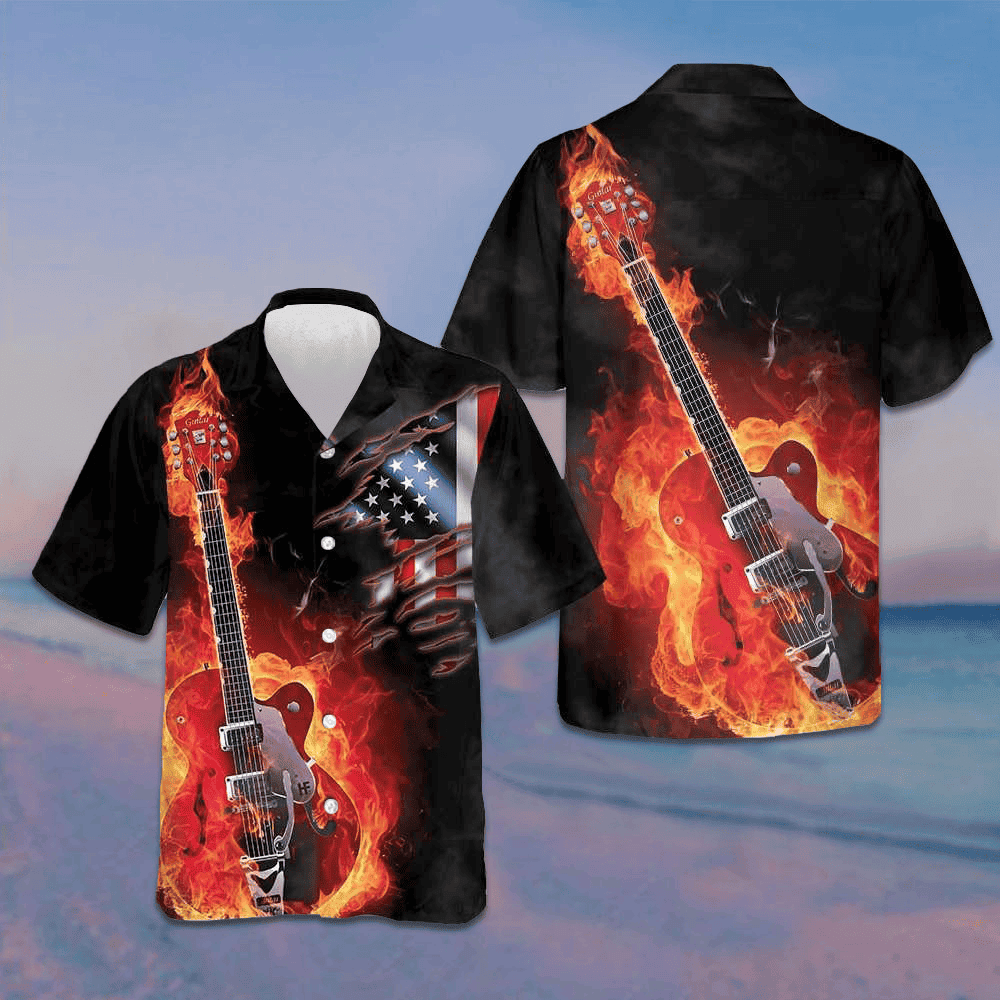 Guitar On Fire Hawaiian Shirt American Flag Button Up Shirts For Men Gifts For Guitar Lovers