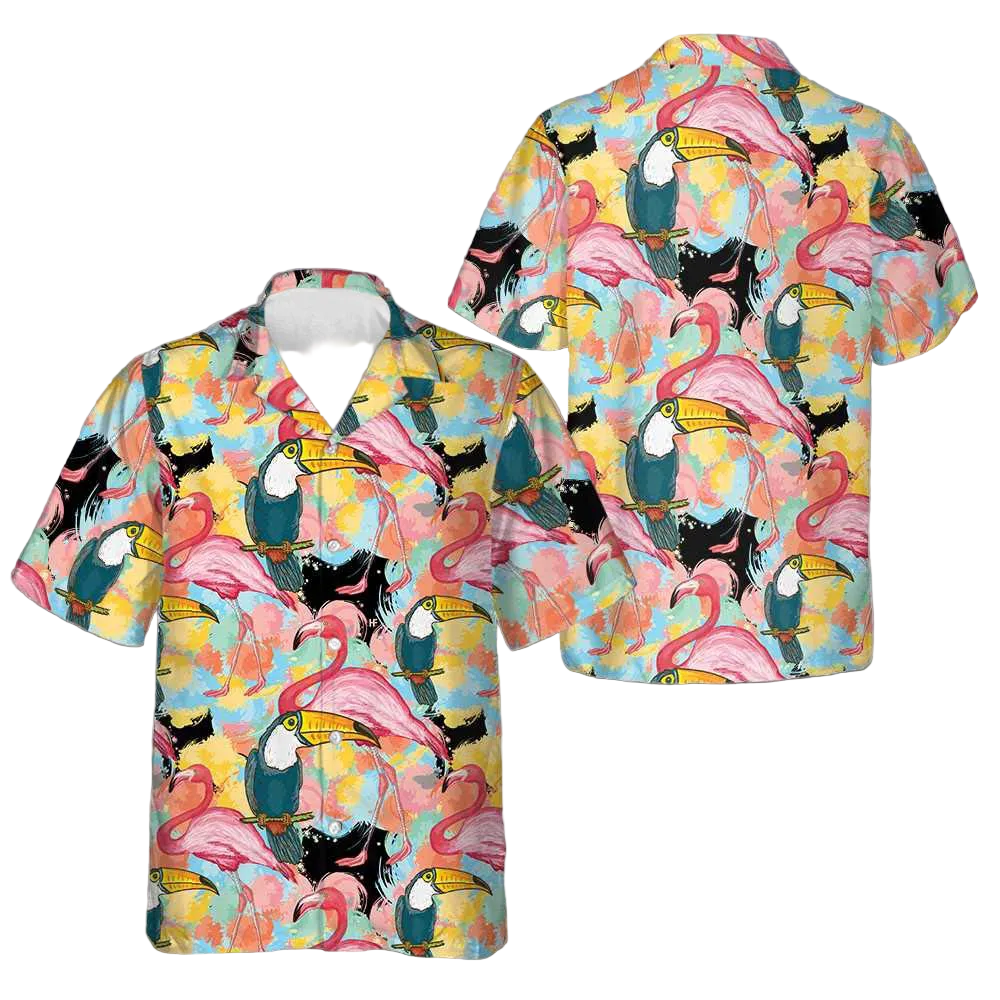 Toucans And Flamingos Exotic Floral Hawaiian Shirt Beach Button Up Shirts Mens