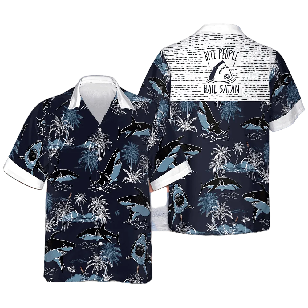 Bite People Hail Satan Shark Hawaiian Shirt Tropical Button Up Shirt Gifts For Male