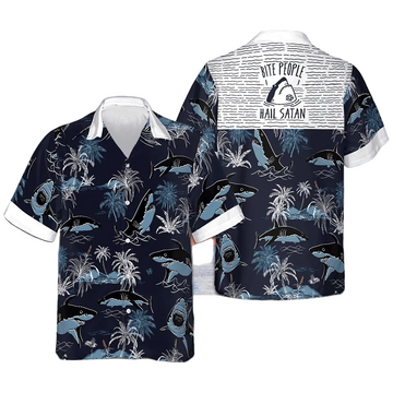 Bite People Hail Satan Shark Hawaiian Shirt Tropical Button Up Shirt Gifts For Male
