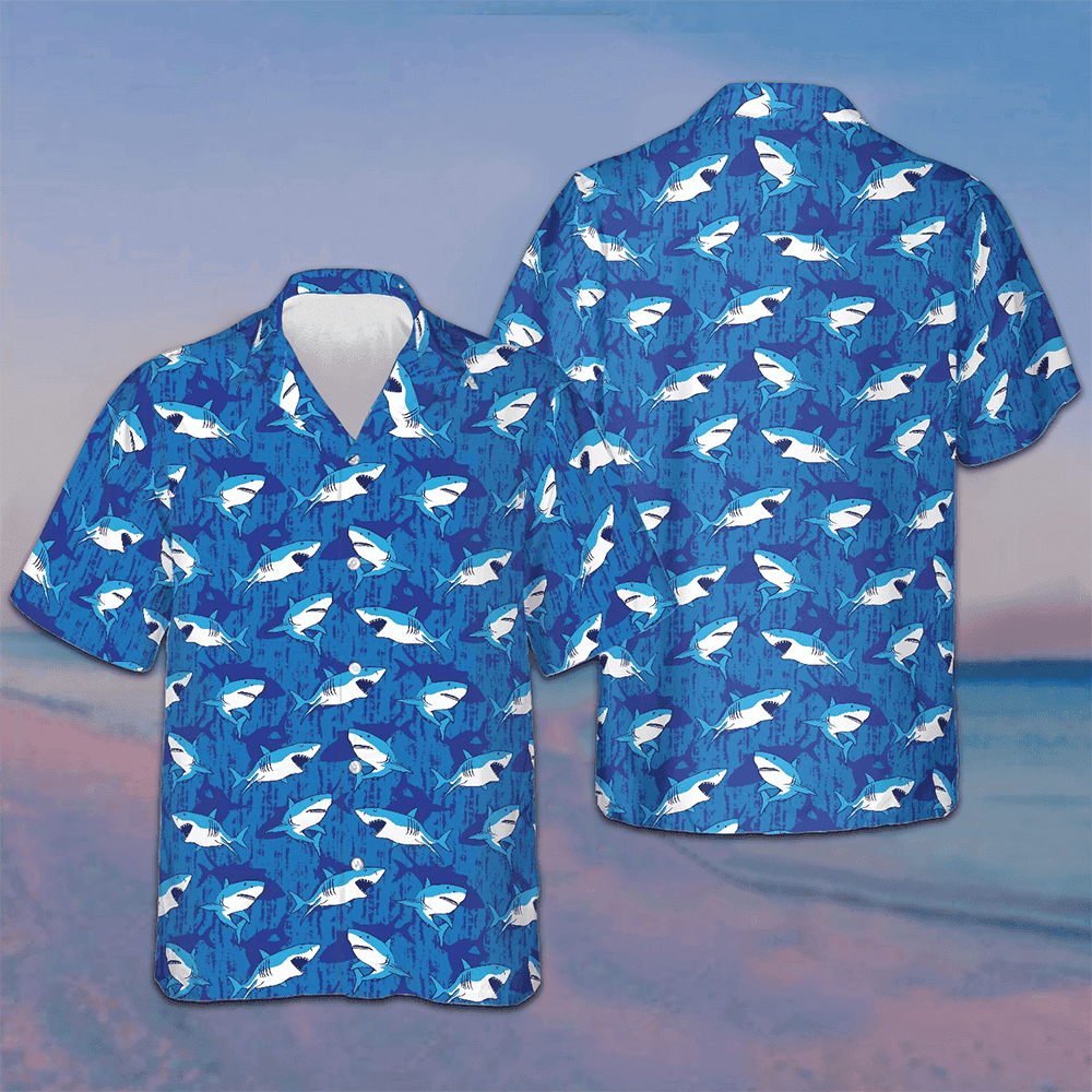 Shark Pattern Hawaiian Shirt Button Up Vacation Shirts Gifts For Shark Lovers