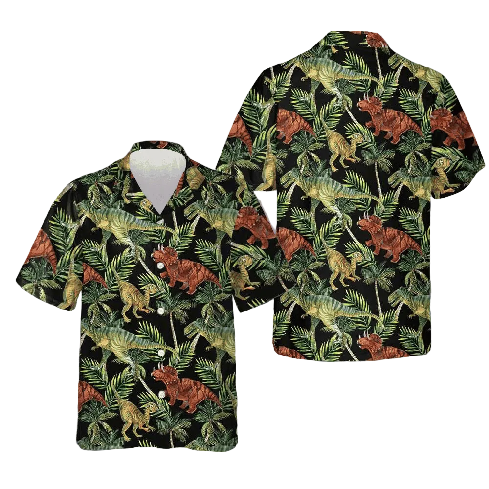Dinosaur Tropical Pattern Hawaiian Shirt Summer Button Down Shirts Gifts For Dinosaur Lovers