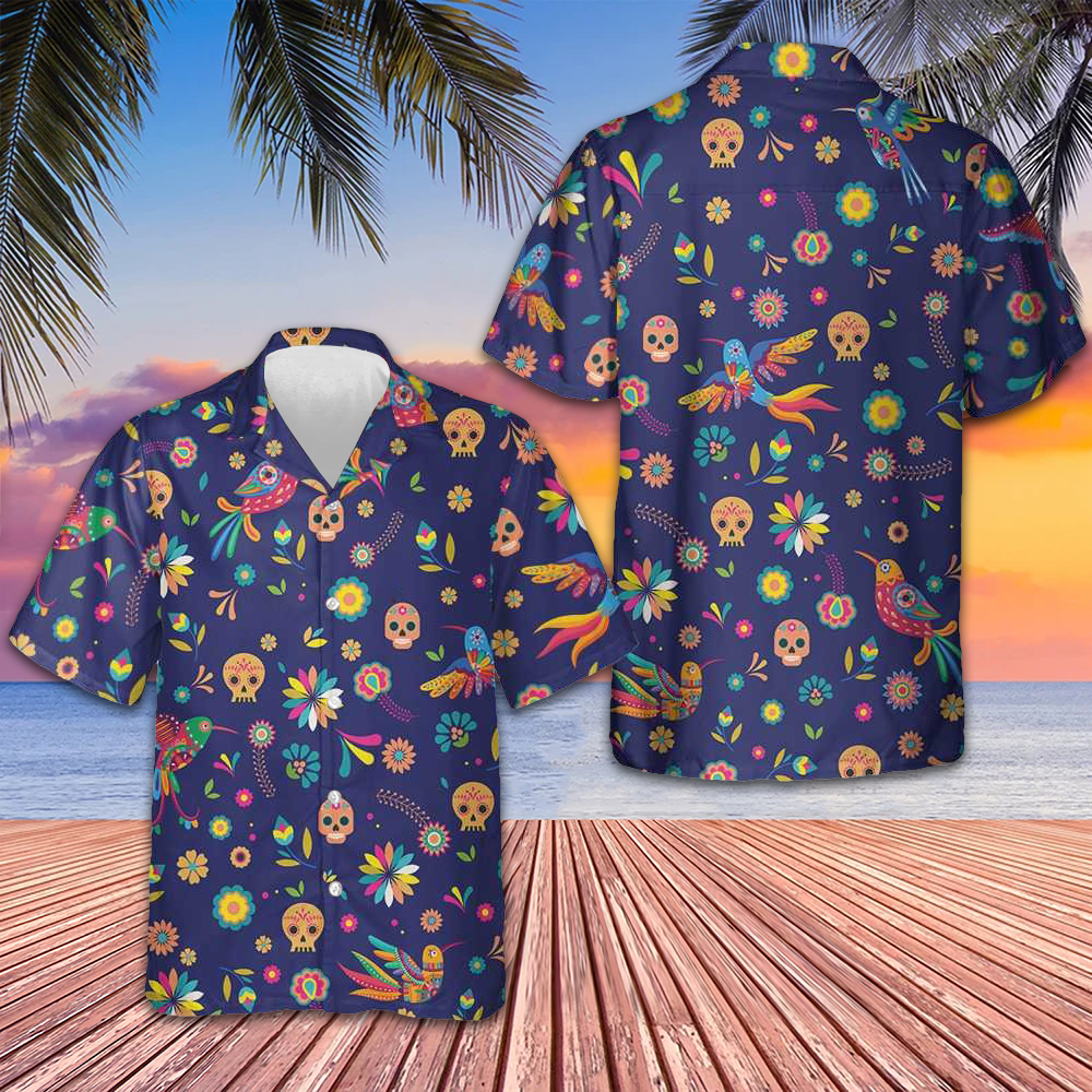 Alebrijes Birds And Bright Floral Mexican Culture Hawaiian Shirt Mexican Sugar Skull Shirt Men