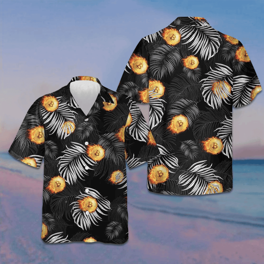 Bitcoin Flame And Tropical Pattern Hawaiian Shirt Summer Button Up Shirts Mens Gift Ideas
