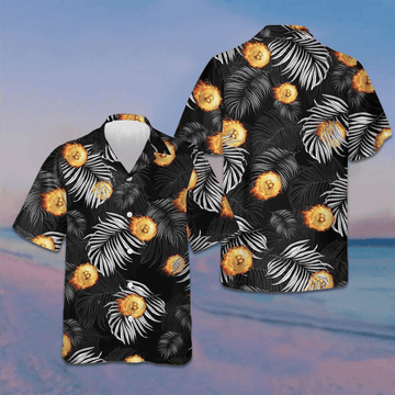 Bitcoin Flame And Tropical Pattern Hawaiian Shirt Summer Button Up Shirts Mens Gift Ideas