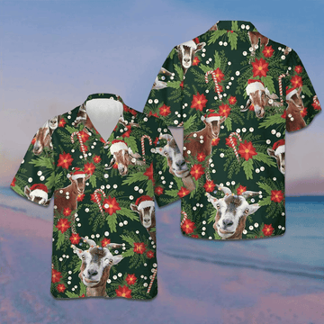 Christmas Goat With Poinsettia Flower Hawaiian Shirt Funny Xmas Goat Shirt Gifts For Guys