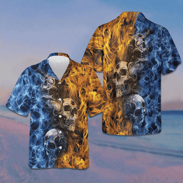 Gothic Skull Fire And Water Hawaiian Shirt Mens Button Up Gifts For Boyfriend