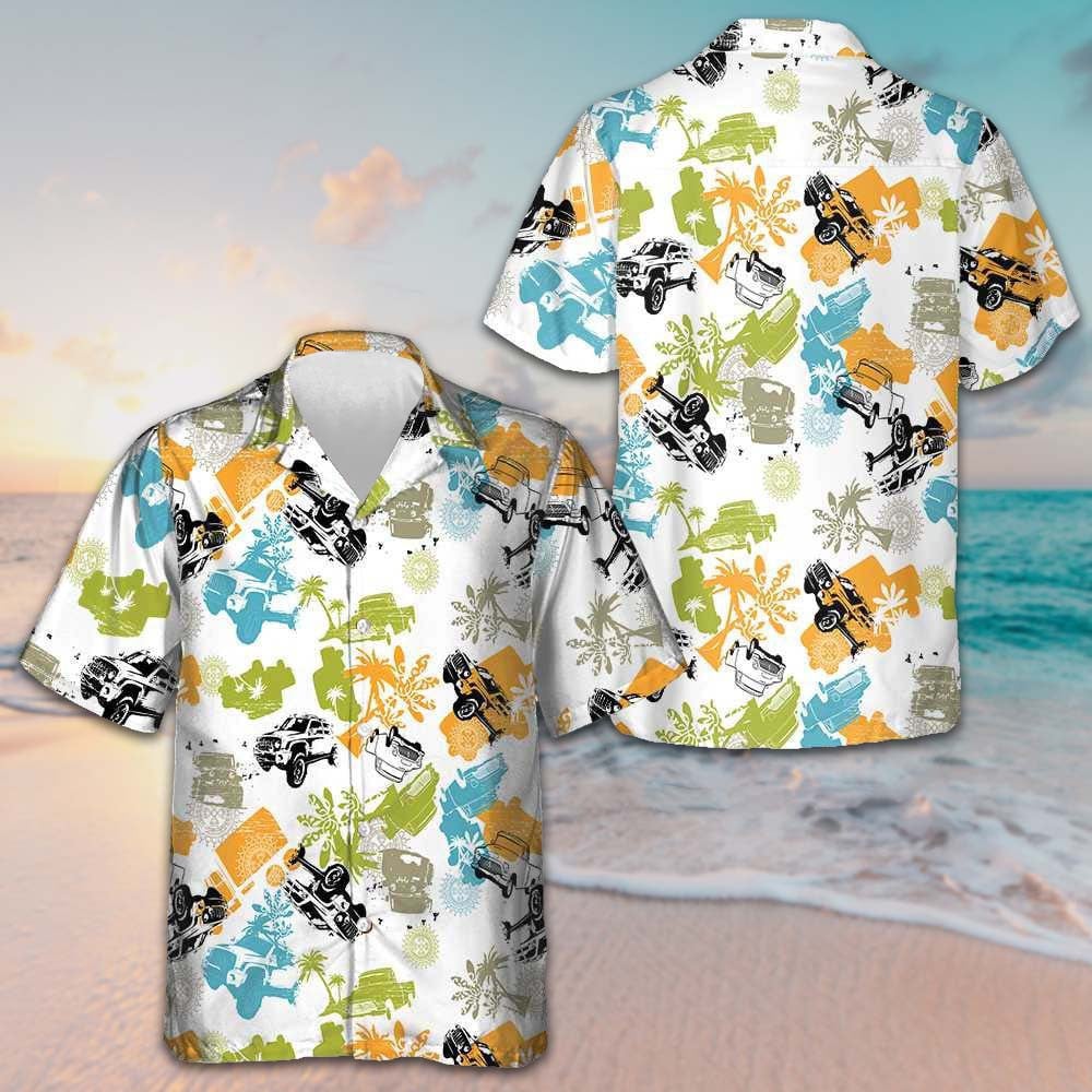 Tropical Plants Pattern With Jeeps Hawaiian Shirt Beach Button Down Shirt Men