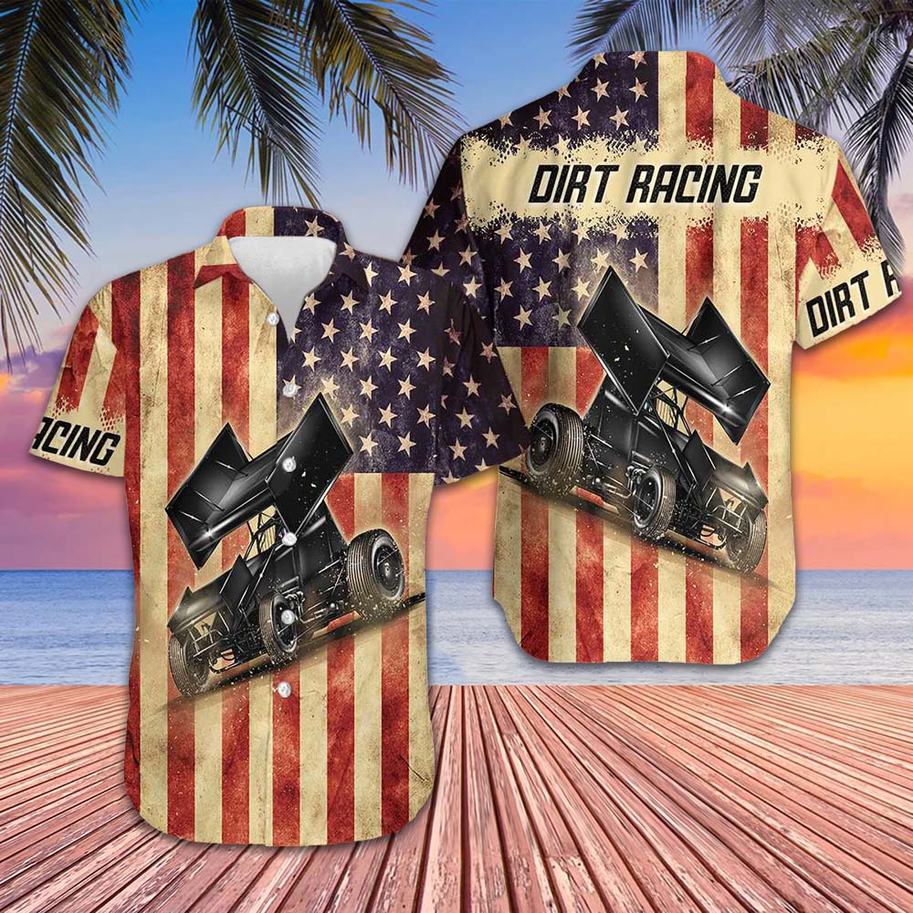 Dirt Racing Old American Flag Hawaiian Shirt Men's Button Down Shirt Gifts For Racers